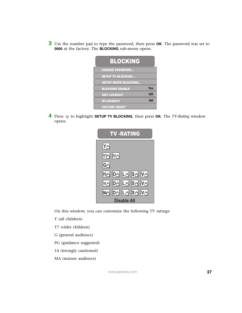 Blocking, Tv -rating | Gateway 30 inch LCD TV User Manual | Page 41 / 64