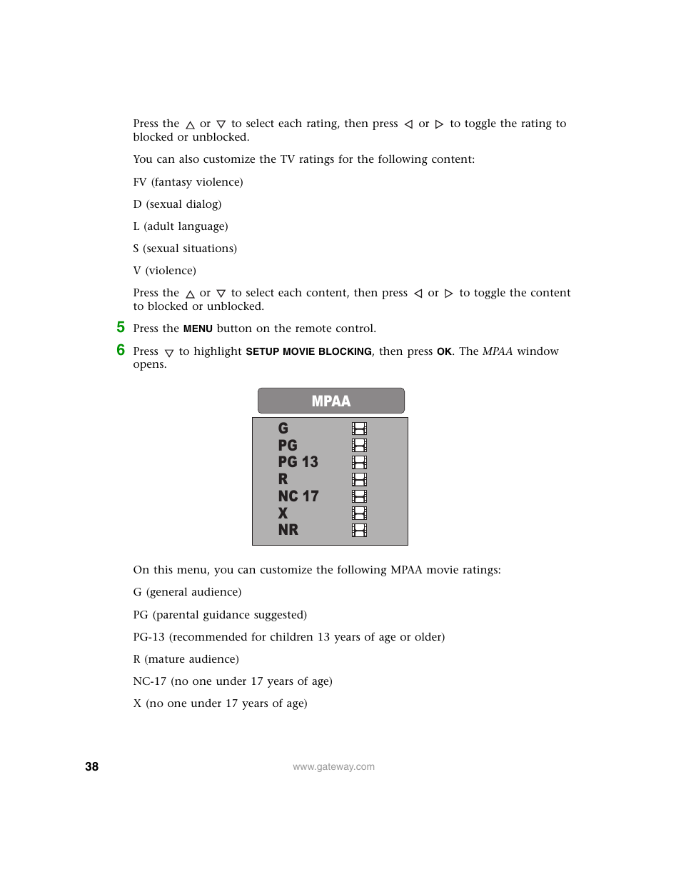 Mpaa g pg pg 13 r nc 17 x nr | Gateway 30 inch LCD TV User Manual | Page 42 / 64