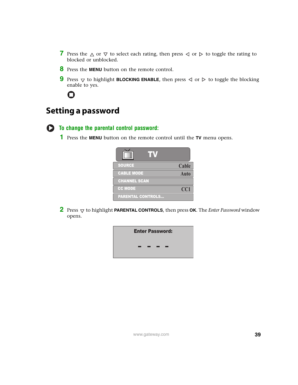 Setting a password | Gateway 30 inch LCD TV User Manual | Page 43 / 64