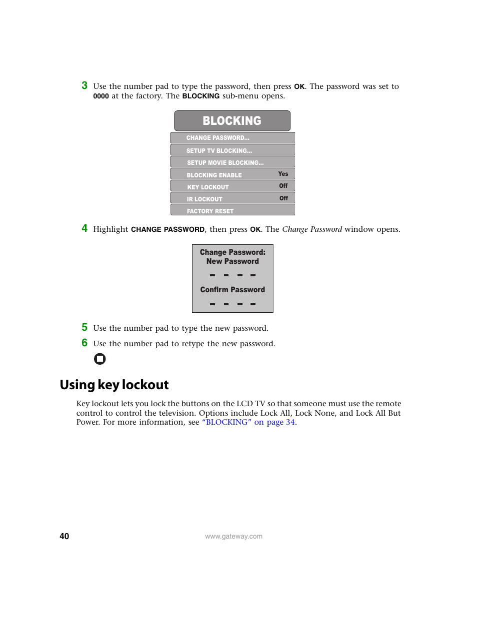 Using key lockout, Blocking | Gateway 30 inch LCD TV User Manual | Page 44 / 64