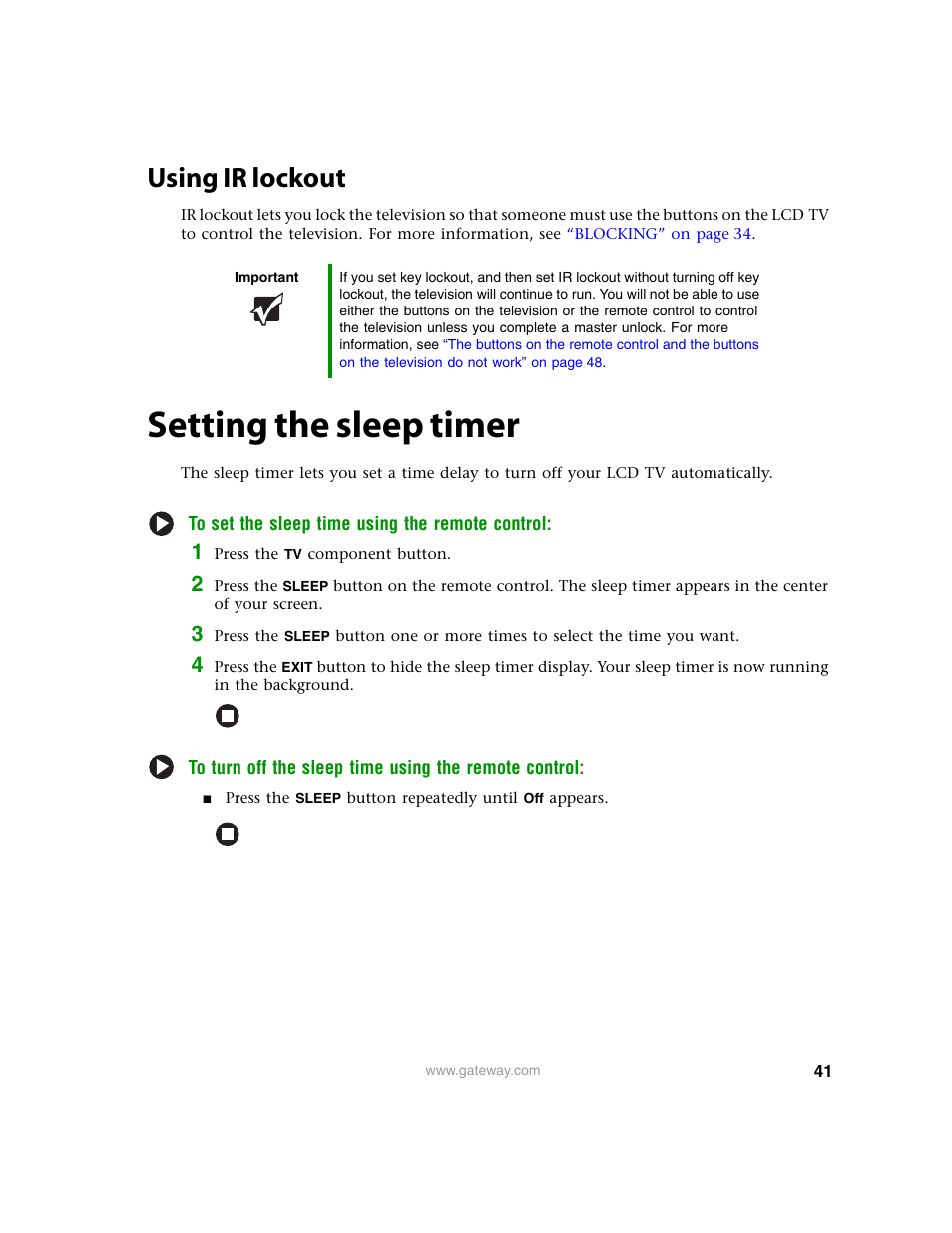 Using ir lockout, Setting the sleep timer, Using | Gateway 30 inch LCD TV User Manual | Page 45 / 64