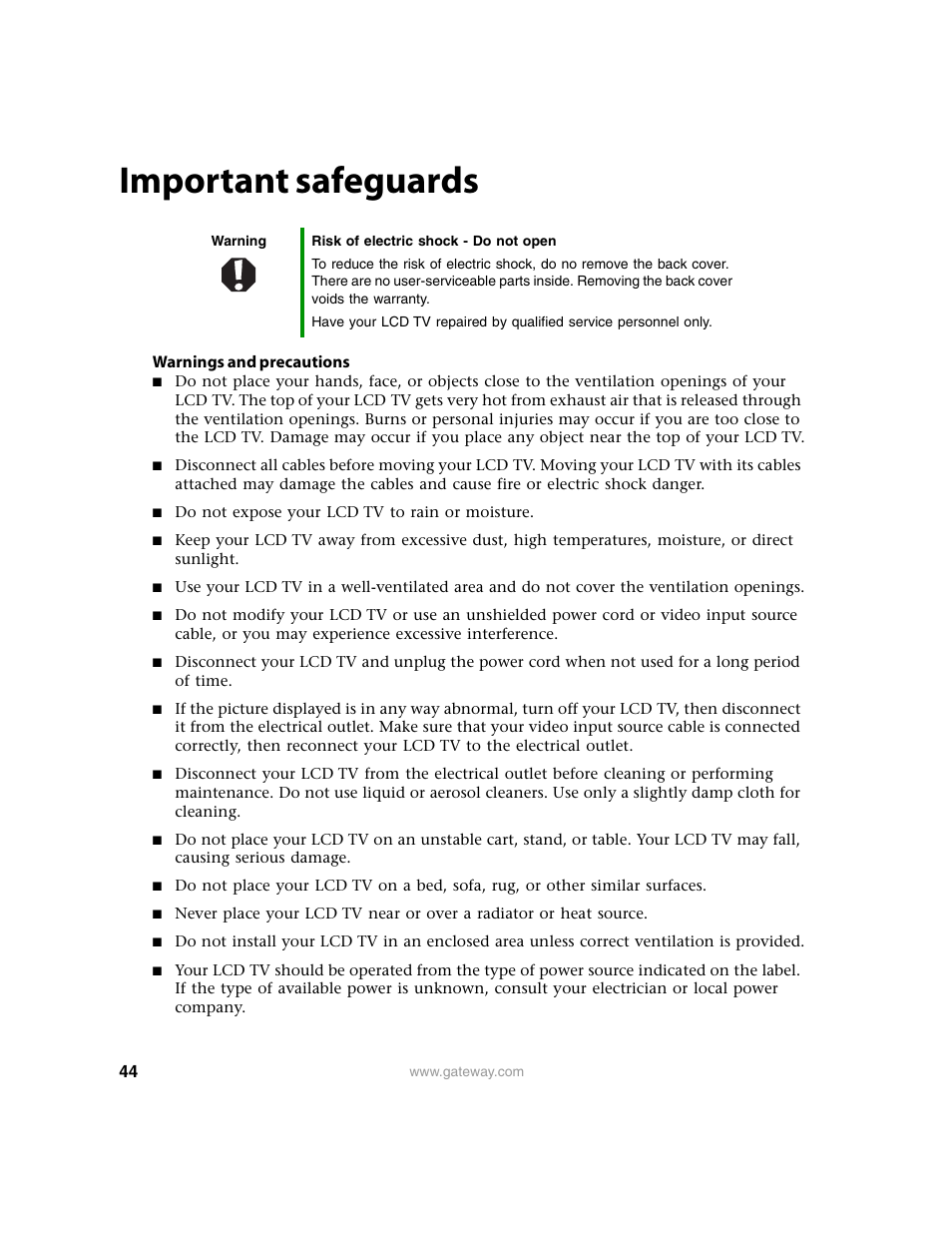 Important safeguards | Gateway 30 inch LCD TV User Manual | Page 48 / 64