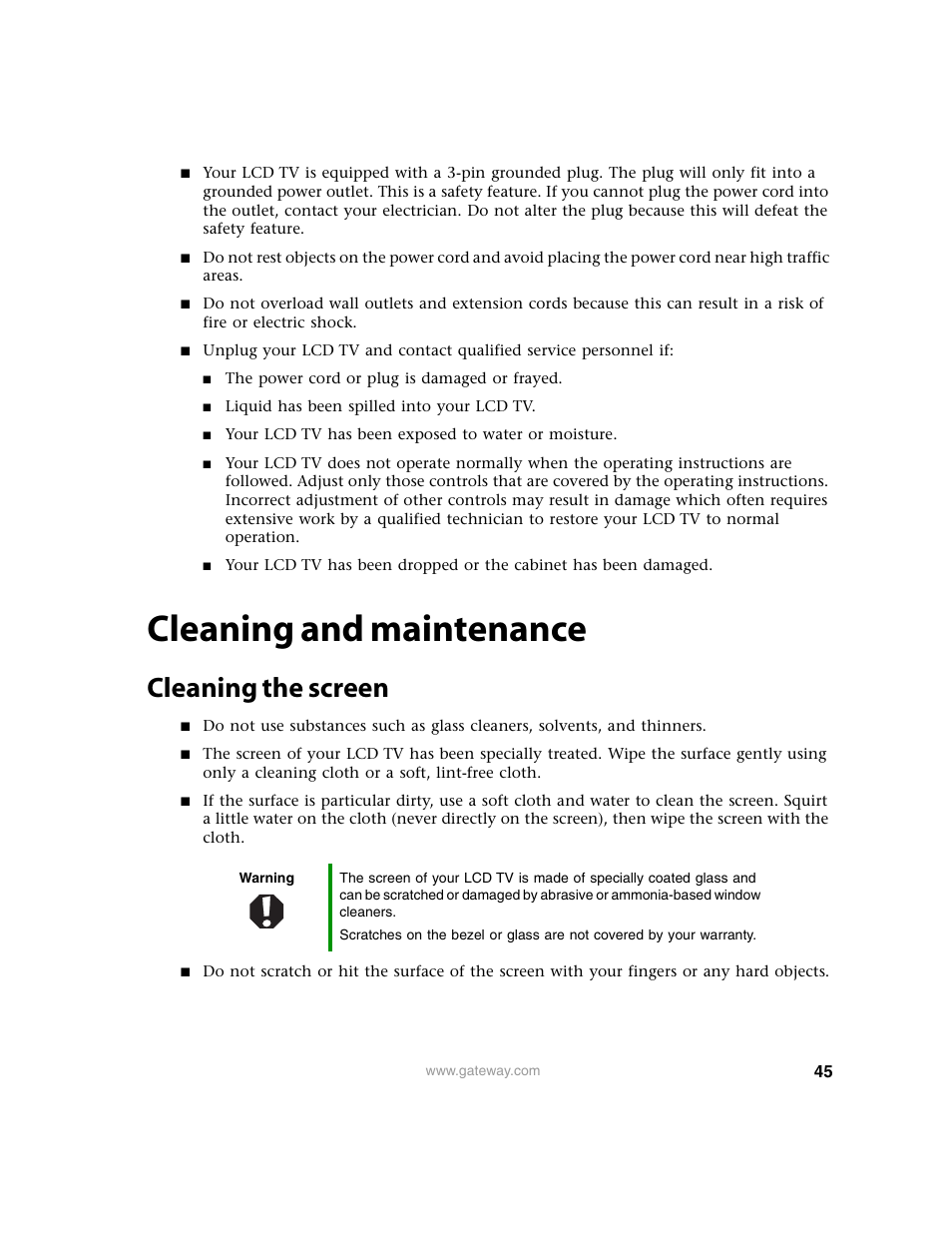 Cleaning and maintenance, Cleaning the screen | Gateway 30 inch LCD TV User Manual | Page 49 / 64