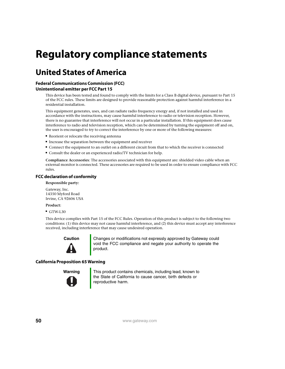 Regulatory compliance statements, United states of america | Gateway 30 inch LCD TV User Manual | Page 54 / 64