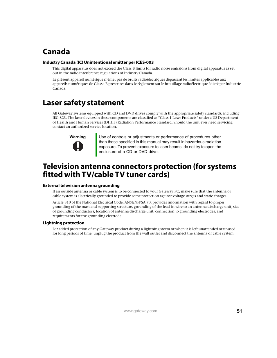 Canada, Laser safety statement | Gateway 30 inch LCD TV User Manual | Page 55 / 64