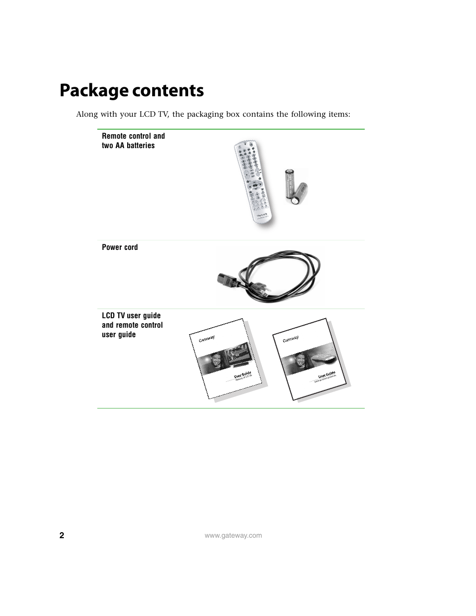Package contents | Gateway 30 inch LCD TV User Manual | Page 6 / 64