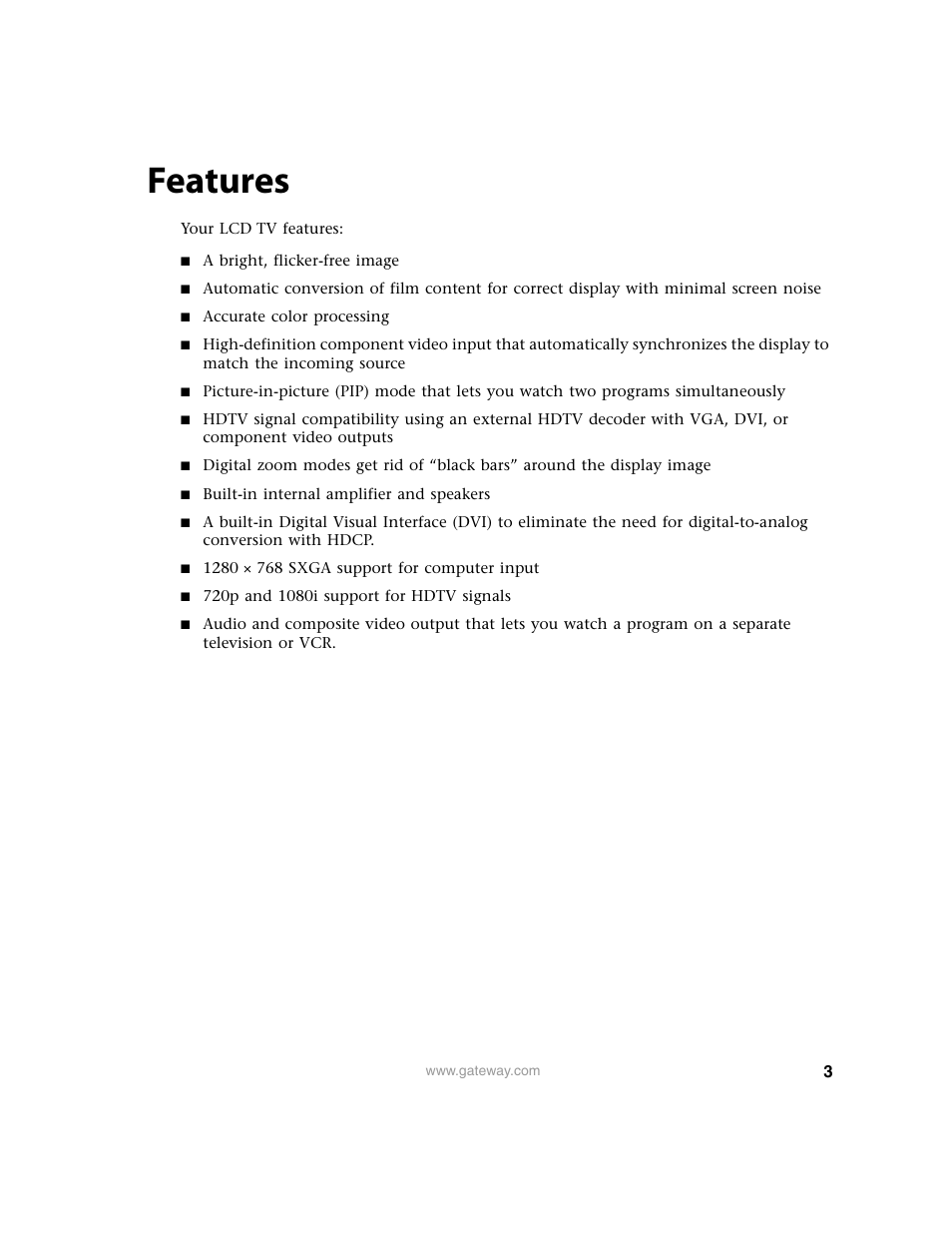Features | Gateway 30 inch LCD TV User Manual | Page 7 / 64