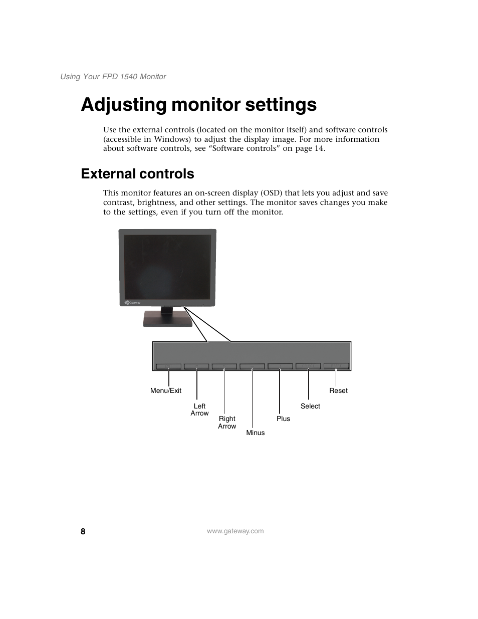Adjusting monitor settings, External controls | Gateway FPD 1540 User Manual | Page 12 / 38