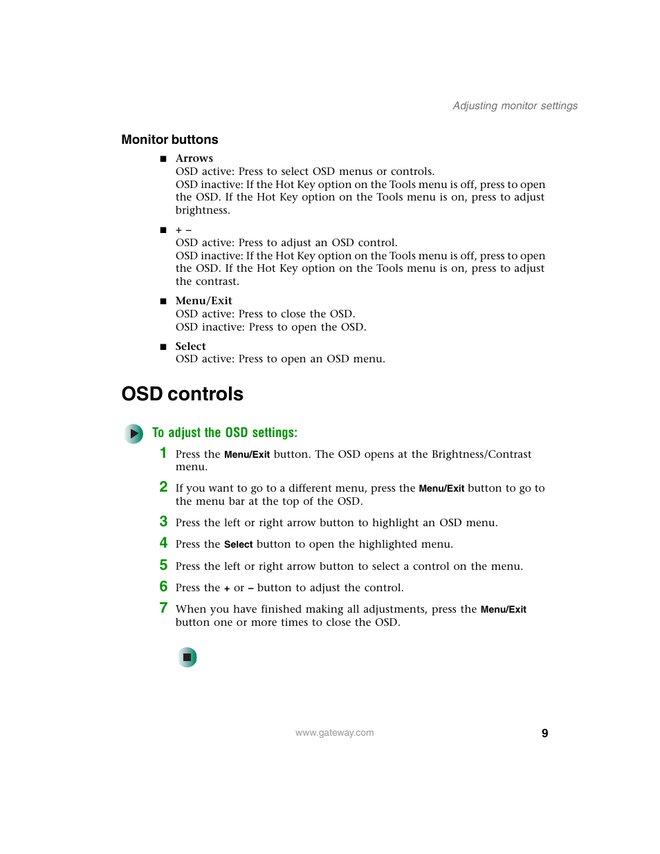 Osd controls | Gateway FPD 1540 User Manual | Page 13 / 38