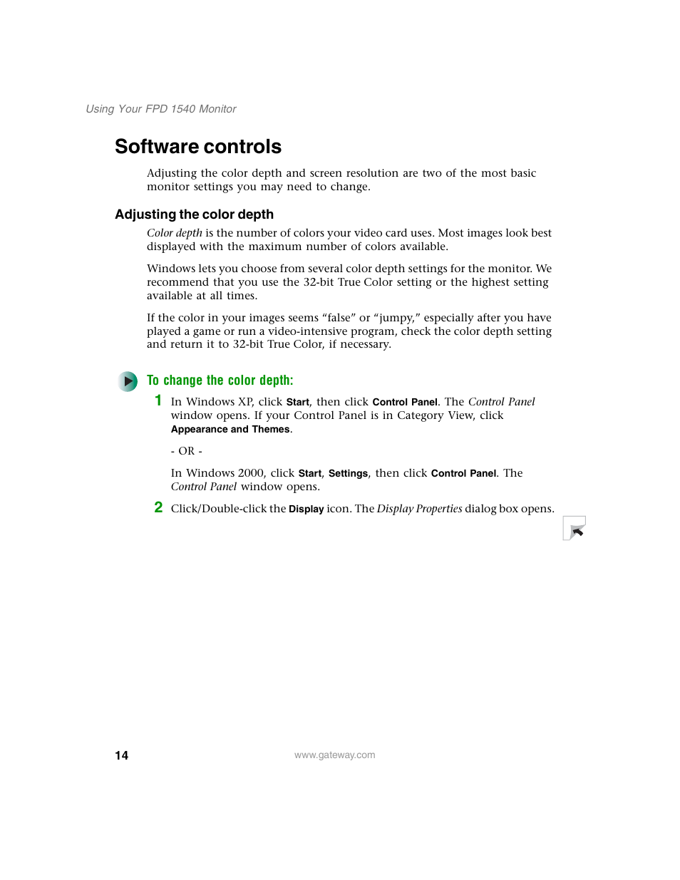 Software controls | Gateway FPD 1540 User Manual | Page 18 / 38