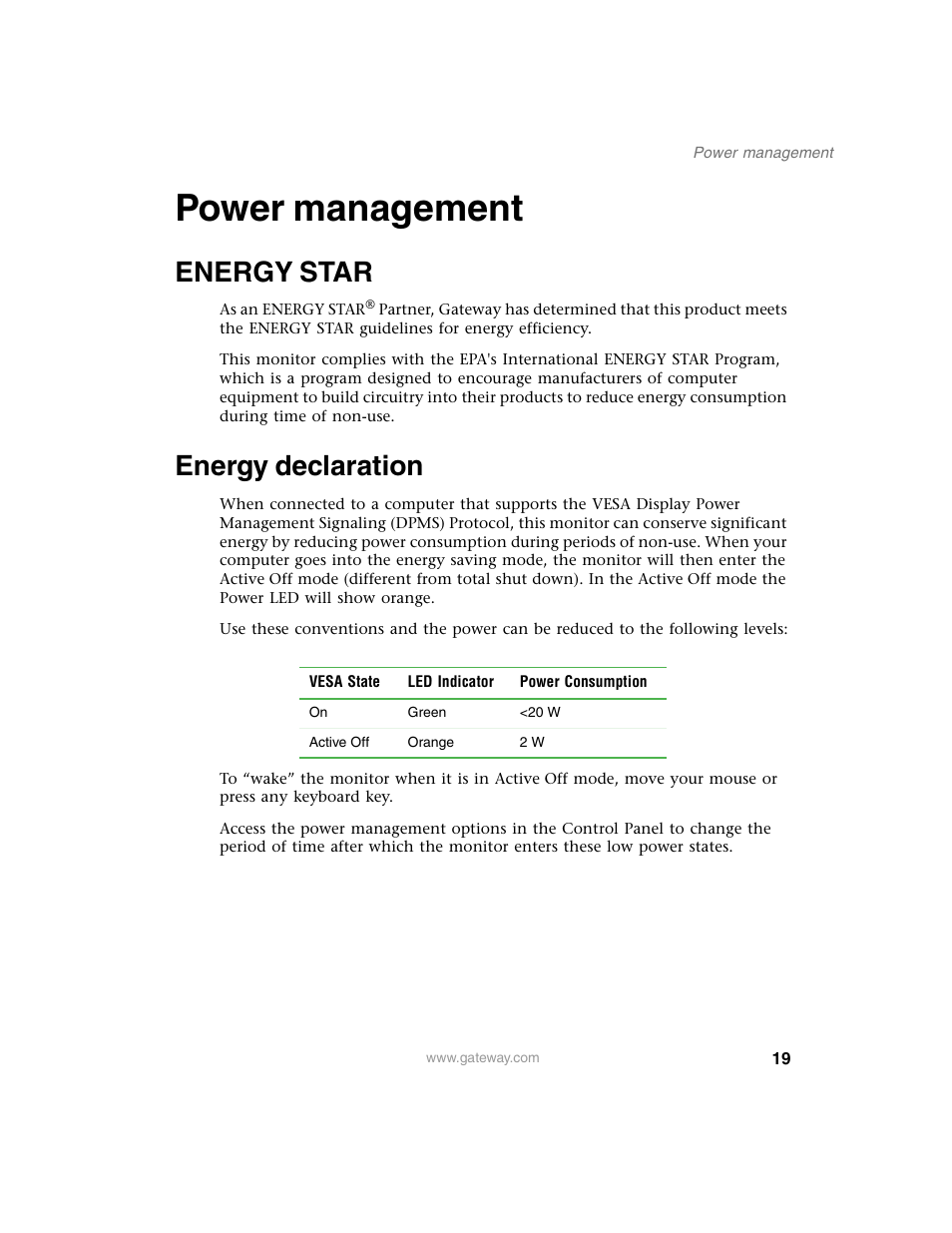Power management, Energy star, Energy declaration | Energy star energy declaration | Gateway FPD 1540 User Manual | Page 23 / 38
