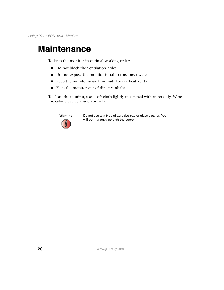 Maintenance | Gateway FPD 1540 User Manual | Page 24 / 38