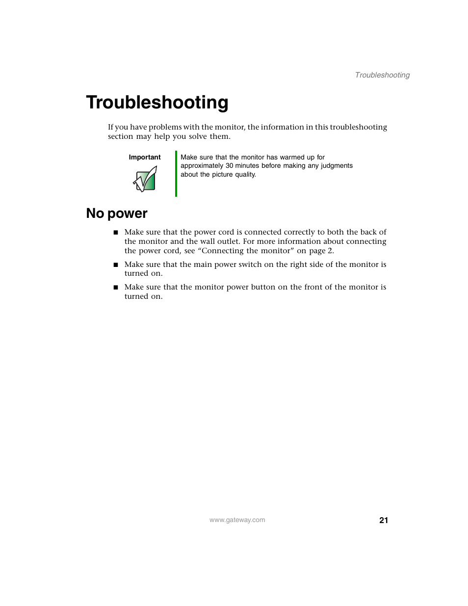 Troubleshooting, No power | Gateway FPD 1540 User Manual | Page 25 / 38