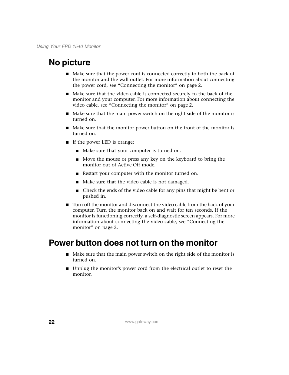 No picture, Power button does not turn on the monitor | Gateway FPD 1540 User Manual | Page 26 / 38