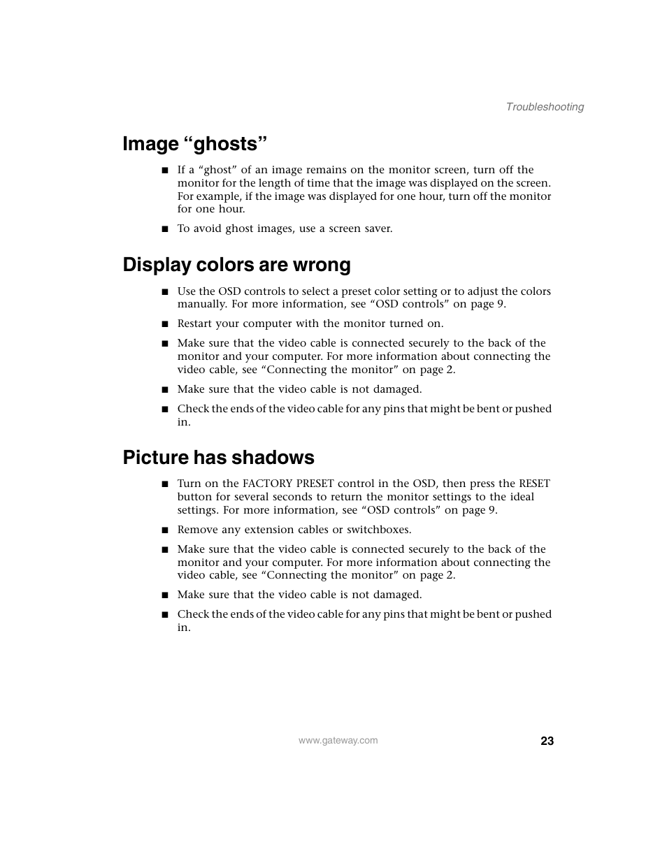 Image “ghosts, Display colors are wrong, Picture has shadows | Gateway FPD 1540 User Manual | Page 27 / 38