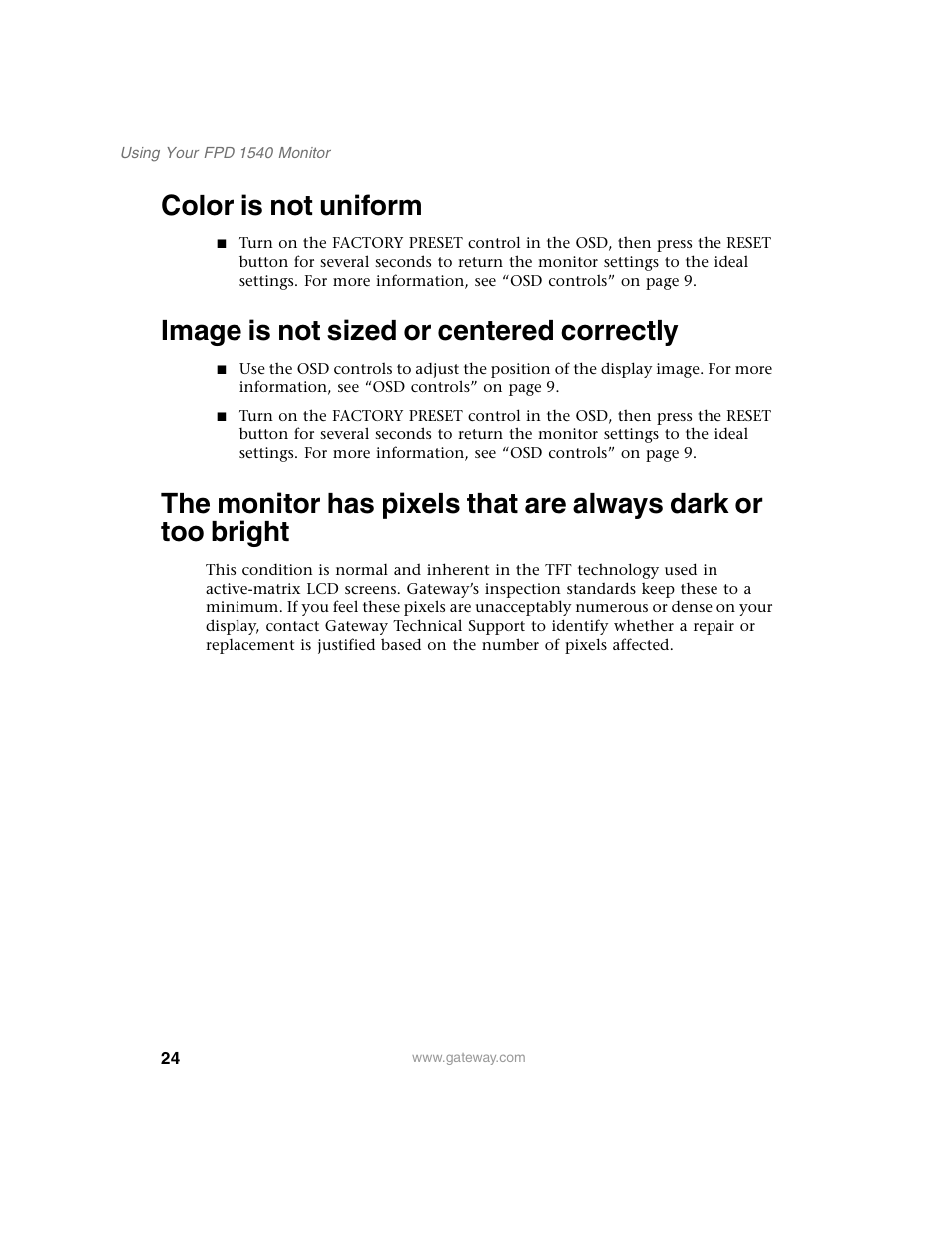 Color is not uniform, Image is not sized or centered correctly | Gateway FPD 1540 User Manual | Page 28 / 38