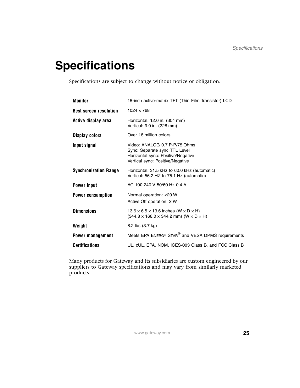 Specifications | Gateway FPD 1540 User Manual | Page 29 / 38