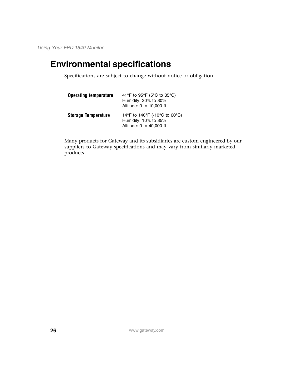 Environmental specifications | Gateway FPD 1540 User Manual | Page 30 / 38
