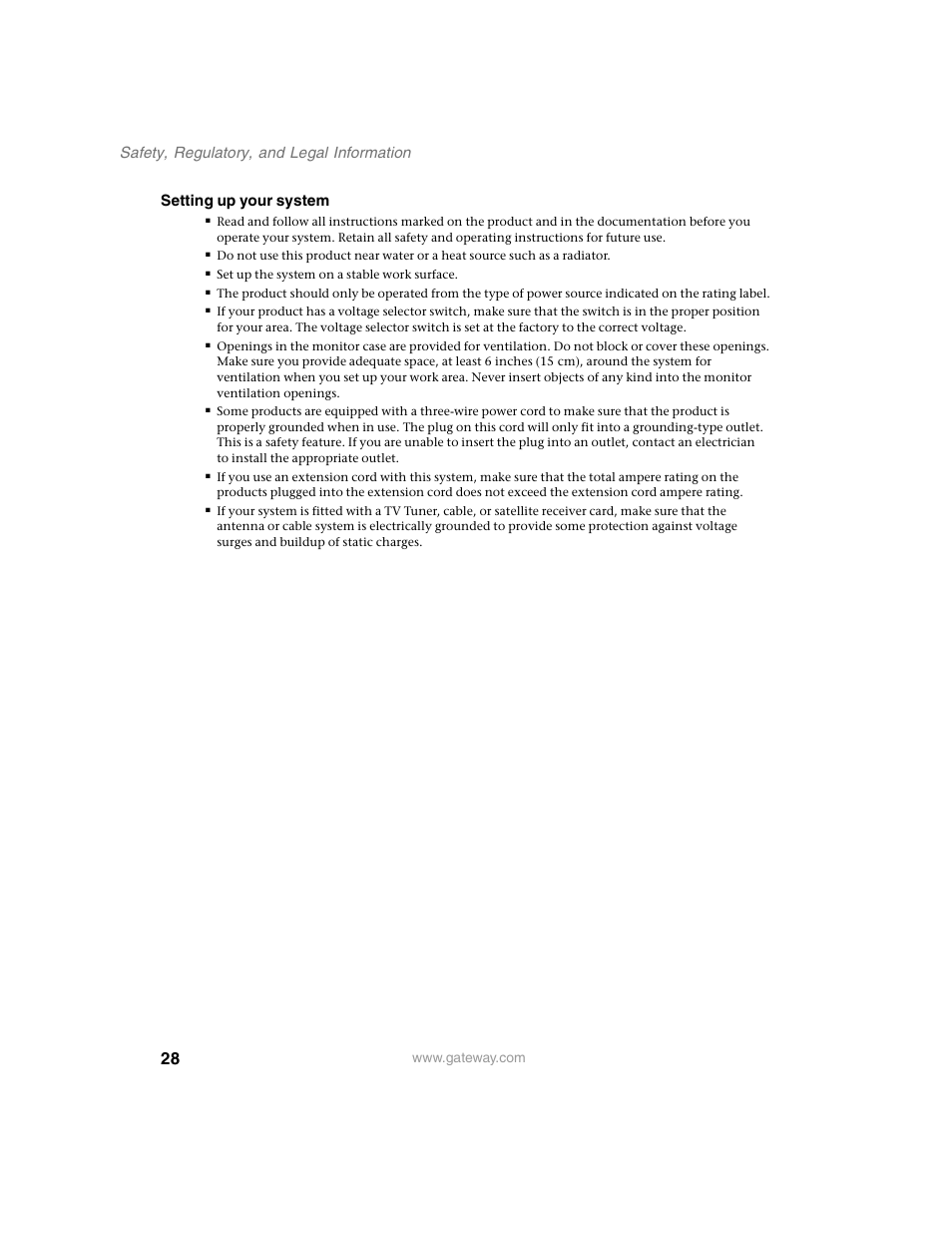 Safety, regulatory, and legal information, Setting up your system | Gateway FPD 1540 User Manual | Page 32 / 38