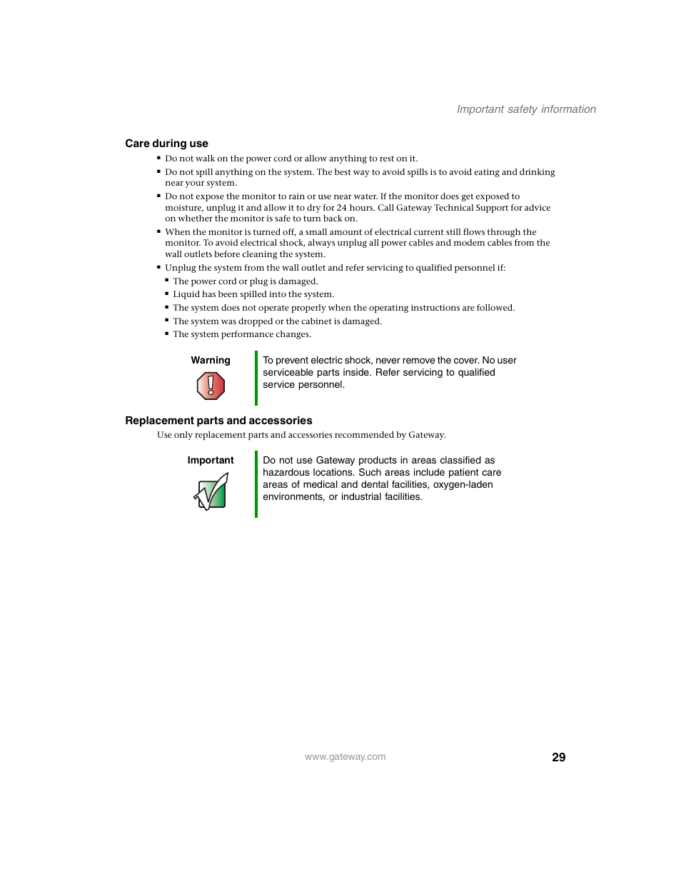 Important safety information, Care during use, Replacement parts and accessories | Gateway FPD 1540 User Manual | Page 33 / 38