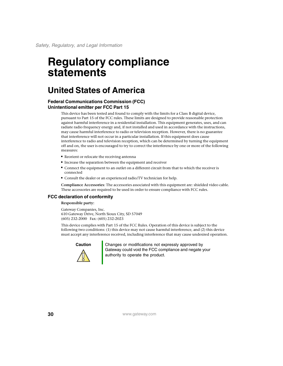 Regulatory compliance statements, United states of america | Gateway FPD 1540 User Manual | Page 34 / 38