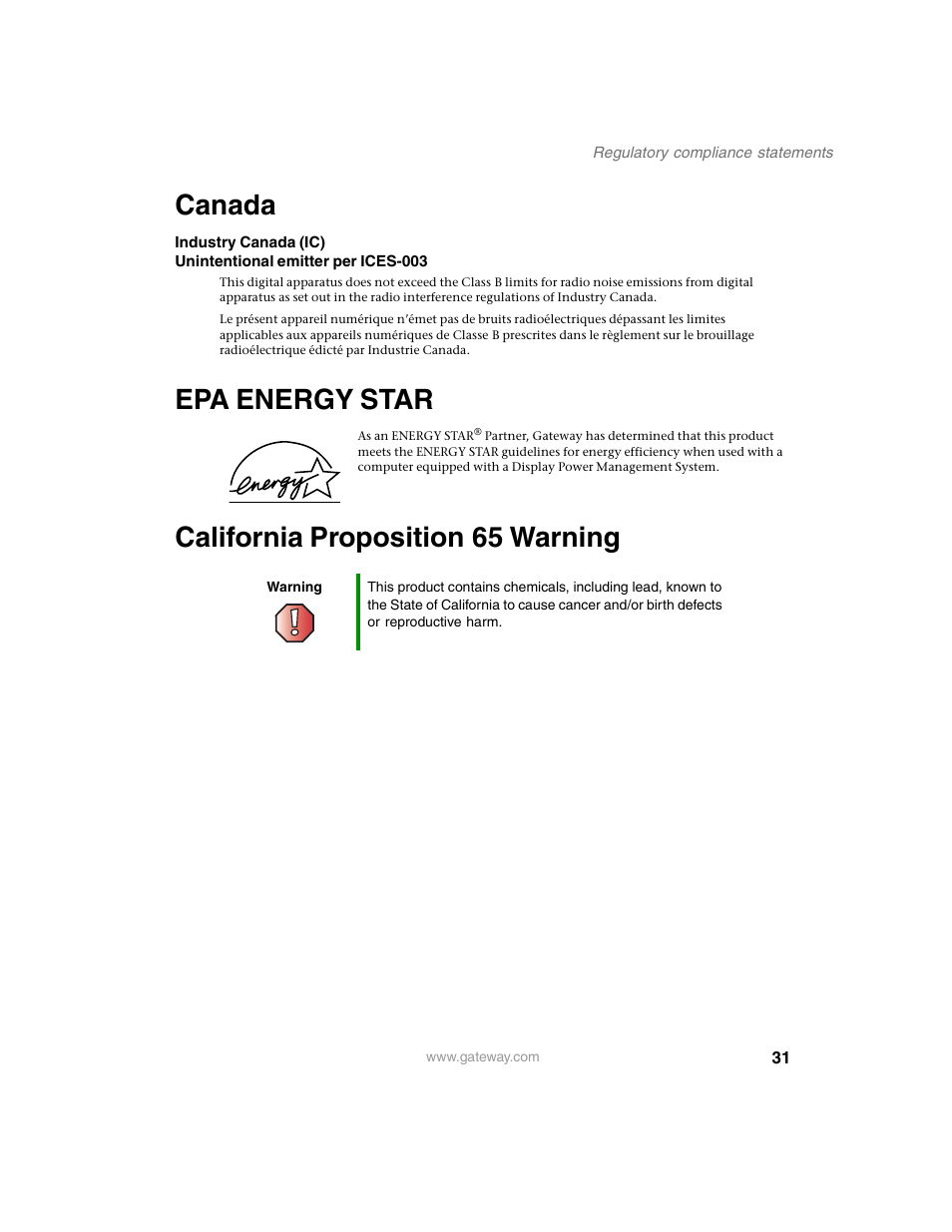 Canada, Epa energy star, California proposition 65 warning | Gateway FPD 1540 User Manual | Page 35 / 38