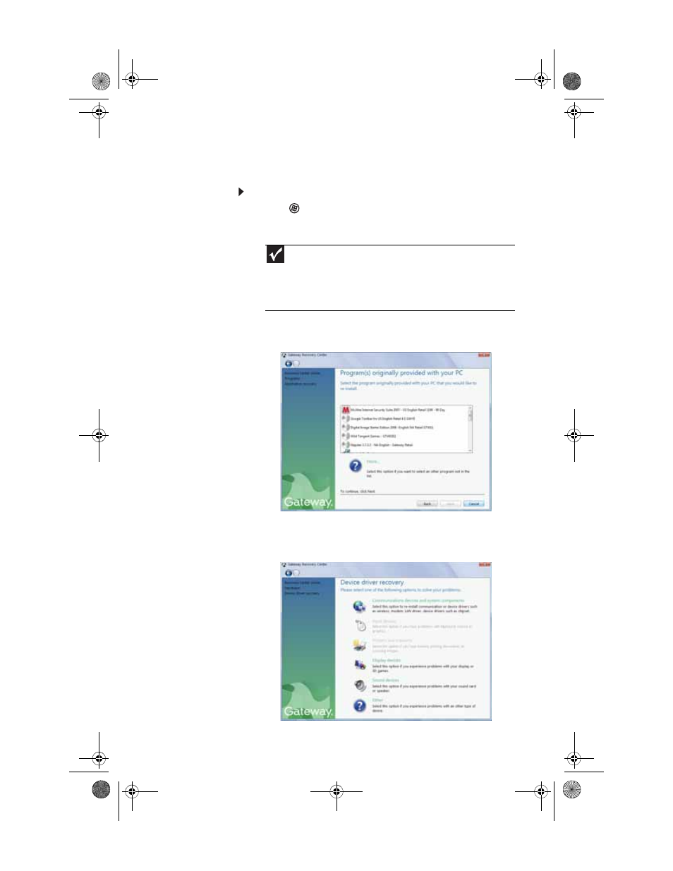To recover specific drivers and software | Gateway GM5688E User Manual | Page 107 / 140