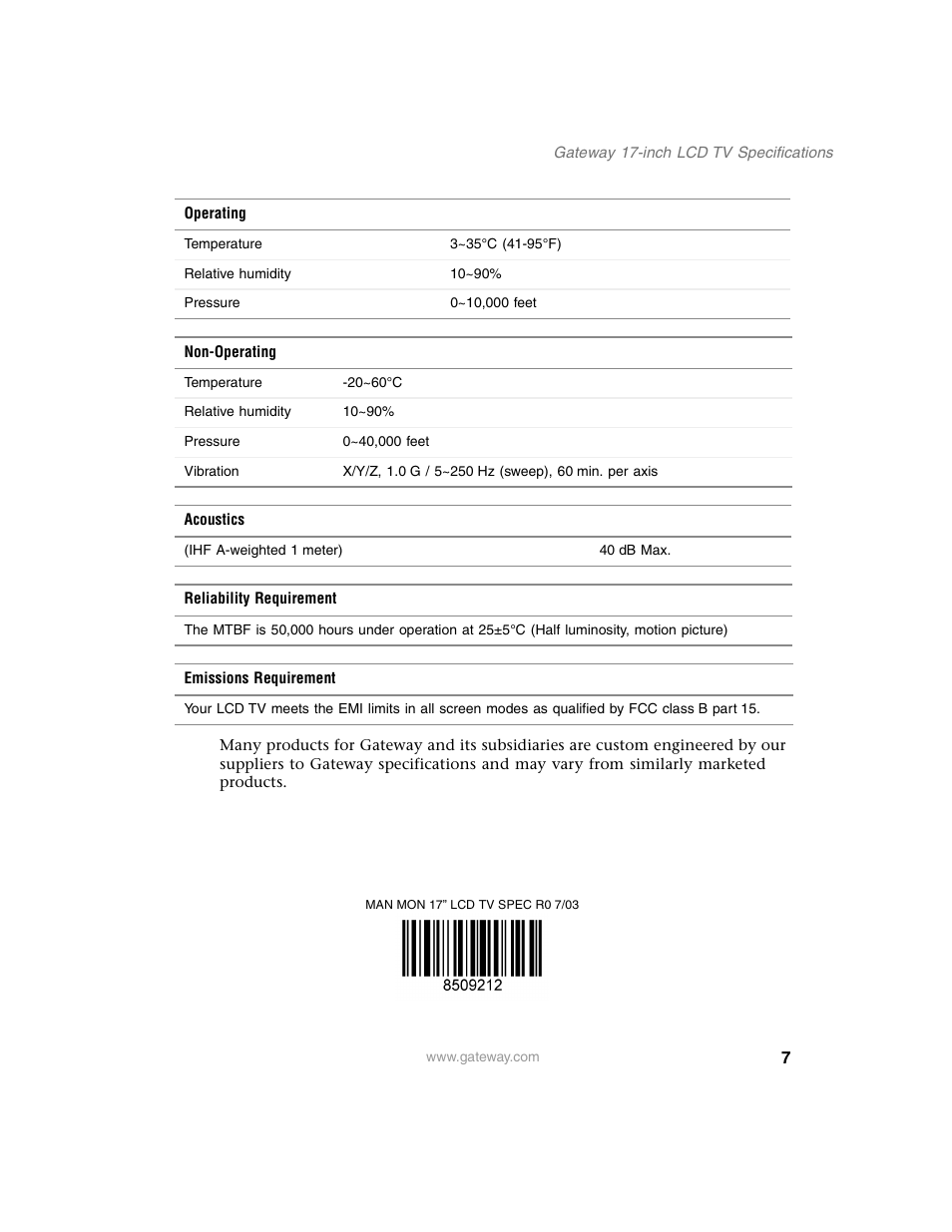 Man mon 17” lcd tv spec r0 7/03 | Gateway LCD HDTV User Manual | Page 7 / 7