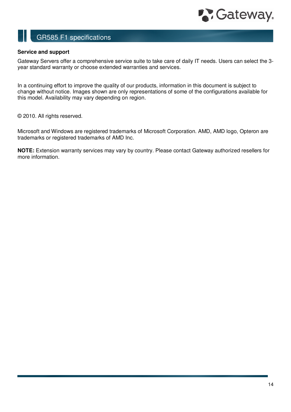 Gr585 f1 specifications | Gateway GR585 F1 User Manual | Page 14 / 14