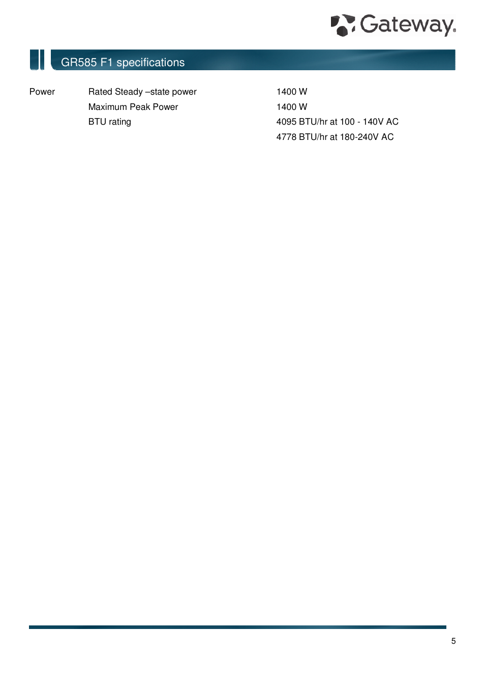 Gr585 f1 specifications | Gateway GR585 F1 User Manual | Page 5 / 14