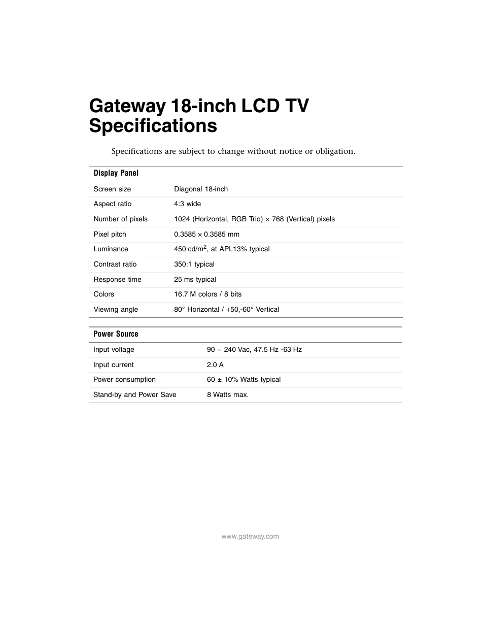 Gateway 18-inch LCD TV User Manual | 6 pages