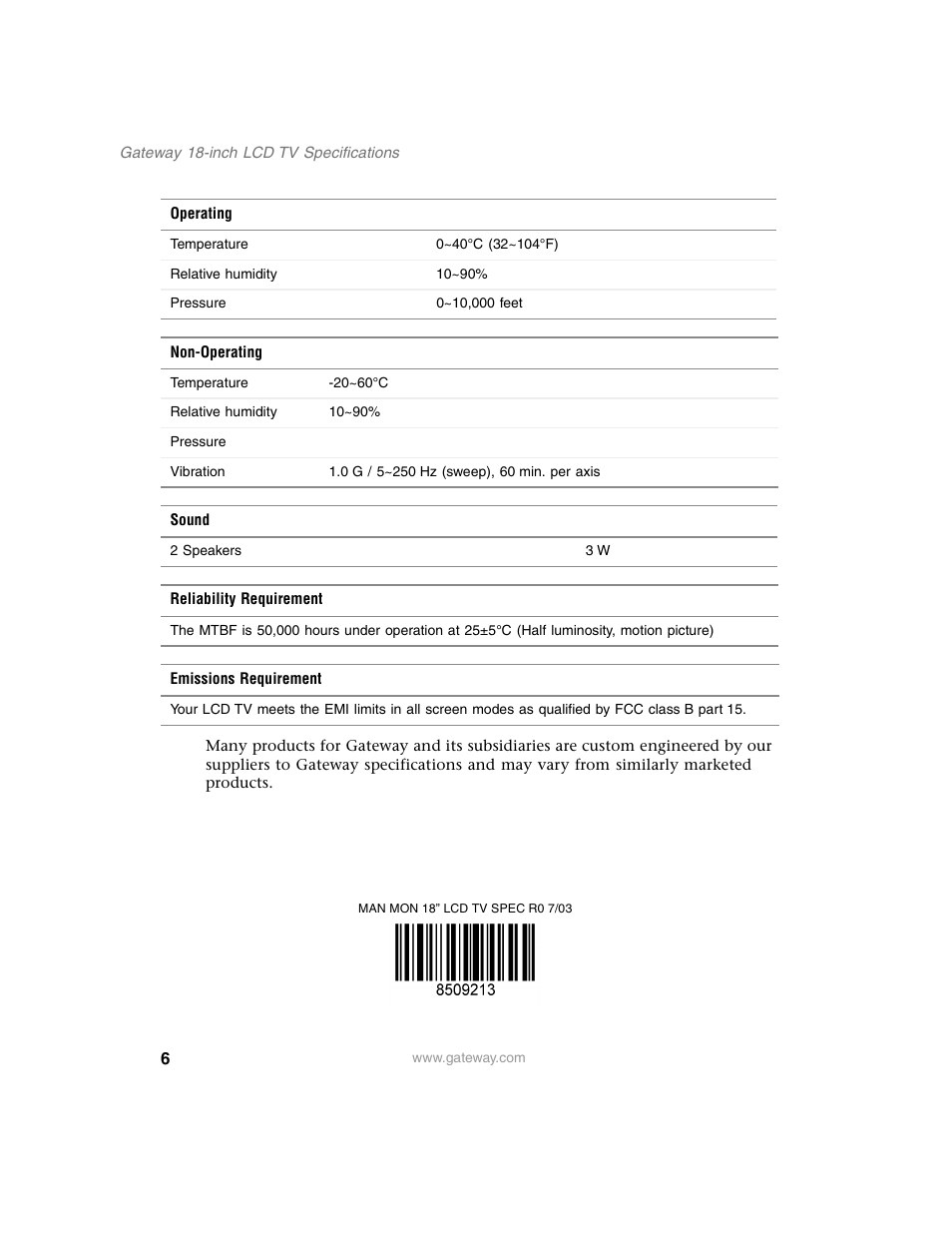Man mon 18” lcd tv spec r0 7/03 | Gateway 18-inch LCD TV User Manual | Page 6 / 6
