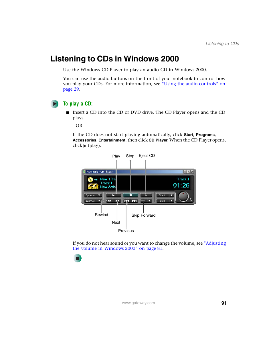 Listening to cds in windows2000, Listening to cds in windows 2000 | Gateway M350 User Manual | Page 101 / 334