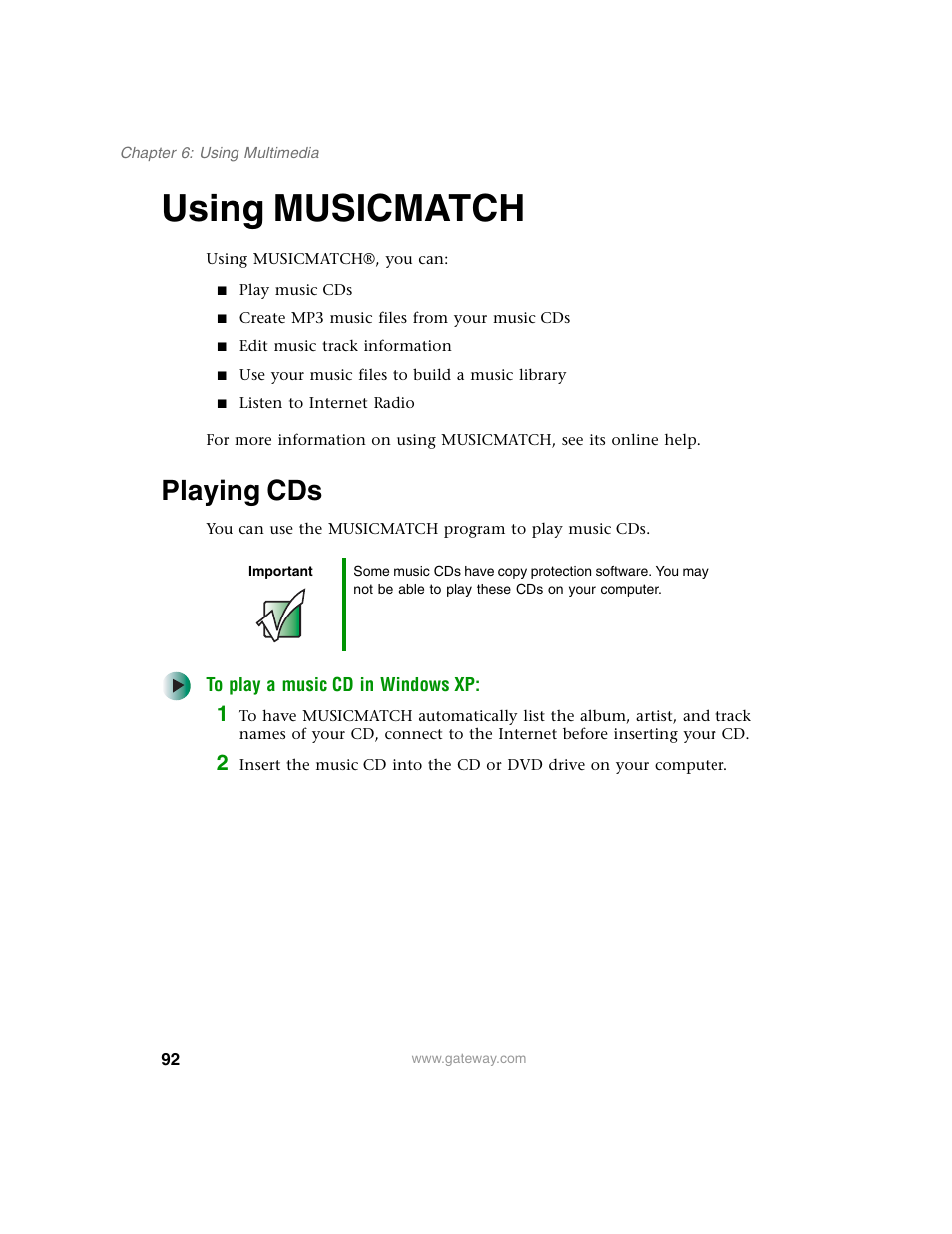 Using musicmatch, Playing cds | Gateway M350 User Manual | Page 102 / 334