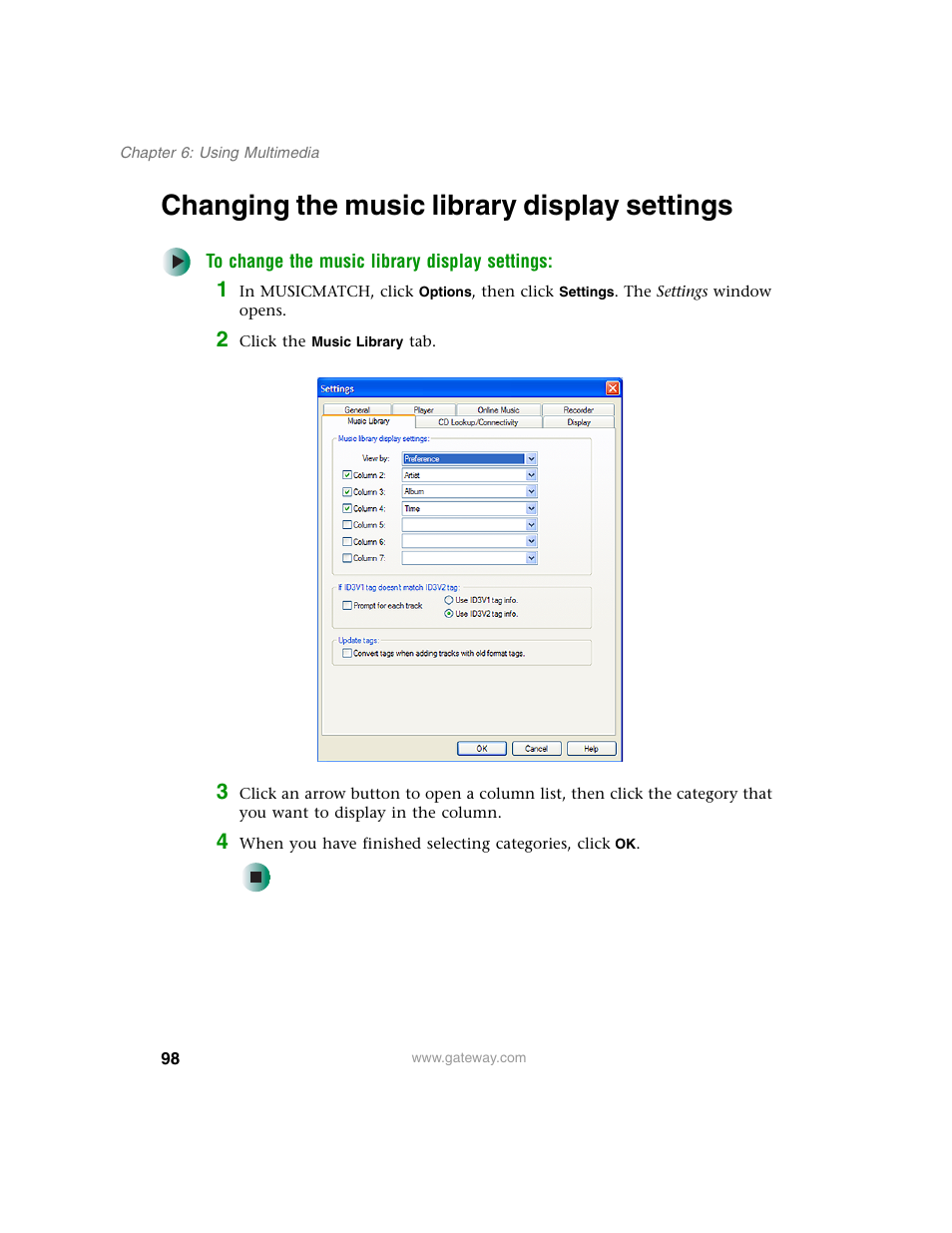 Changing the music library display settings | Gateway M350 User Manual | Page 108 / 334
