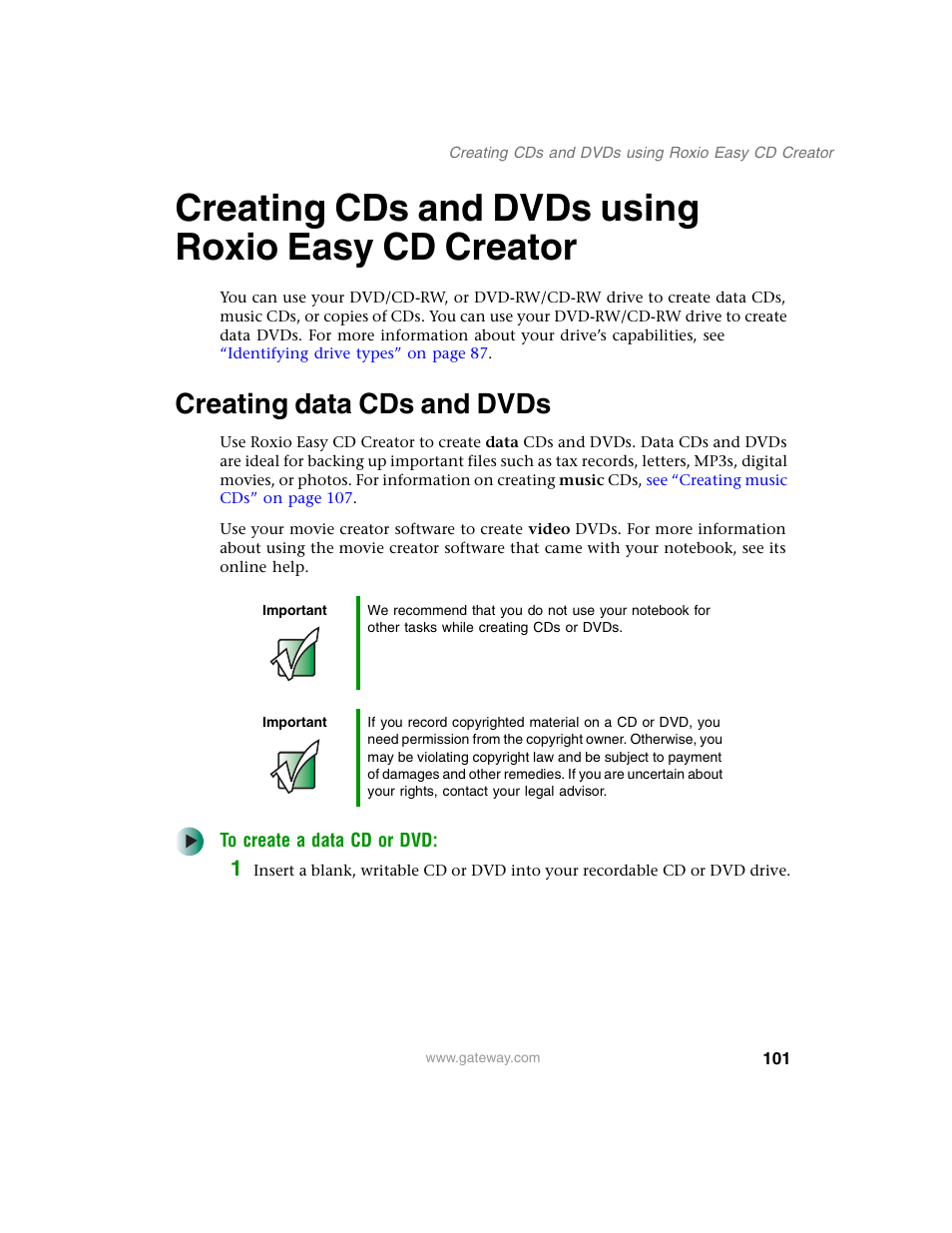 Creating cds and dvds using roxio easy cd creator, Creating data cds and dvds | Gateway M350 User Manual | Page 111 / 334