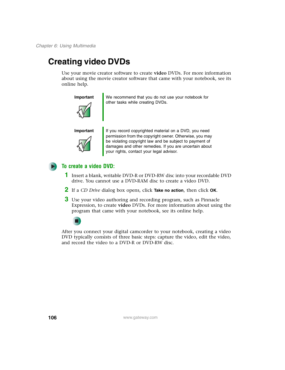 Creating video dvds | Gateway M350 User Manual | Page 116 / 334