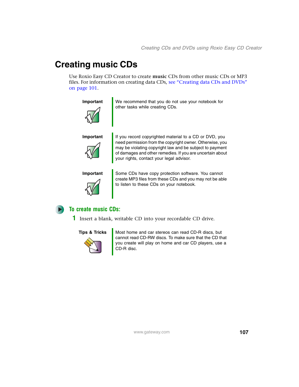 Creating music cds, See “creating music | Gateway M350 User Manual | Page 117 / 334