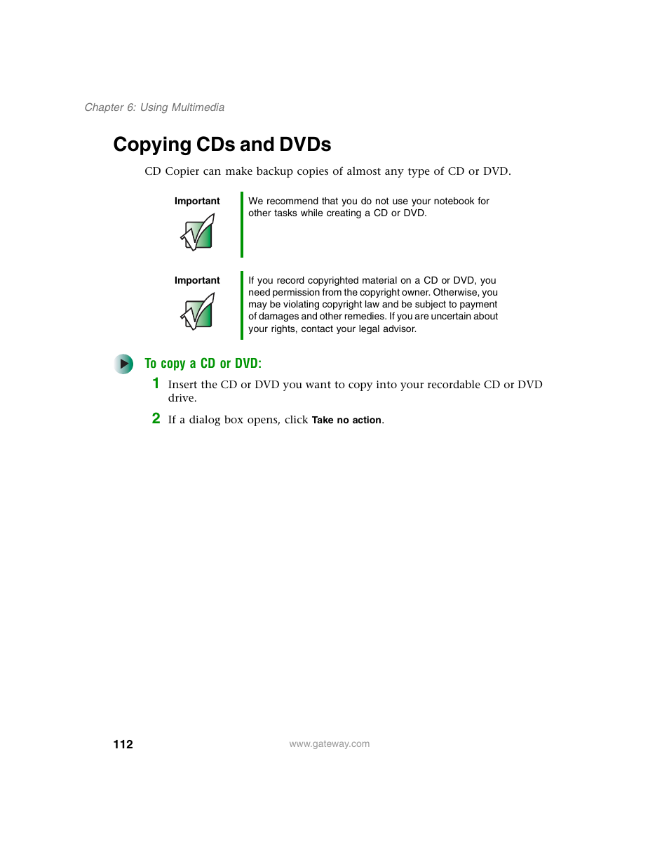 Copying cds and dvds | Gateway M350 User Manual | Page 122 / 334