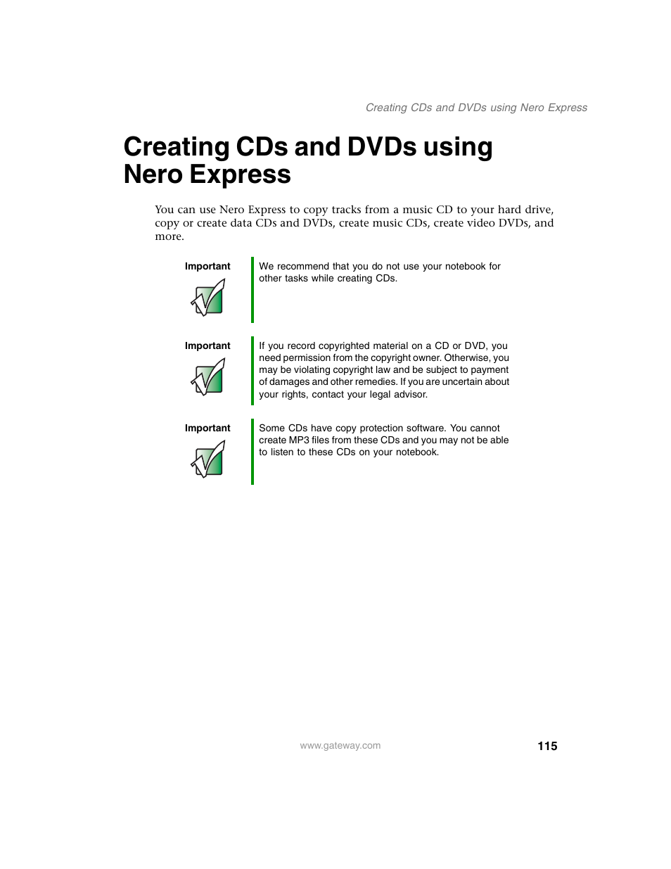 Creating cds and dvds using nero express, Creating cds | Gateway M350 User Manual | Page 125 / 334