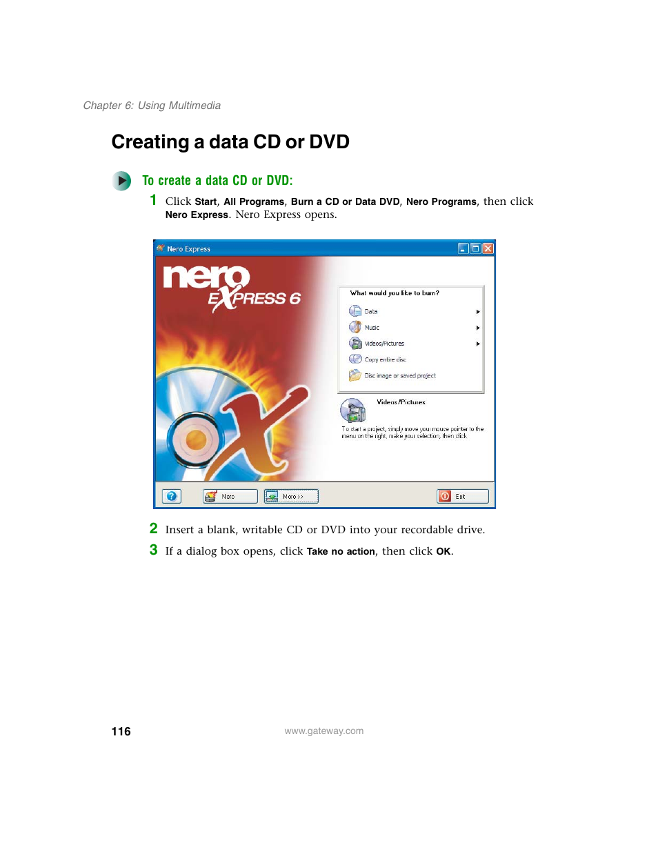 Creating a data cd or dvd | Gateway M350 User Manual | Page 126 / 334