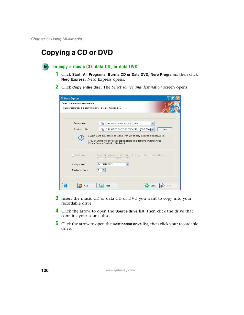 Copying a cd or dvd | Gateway M350 User Manual | Page 130 / 334