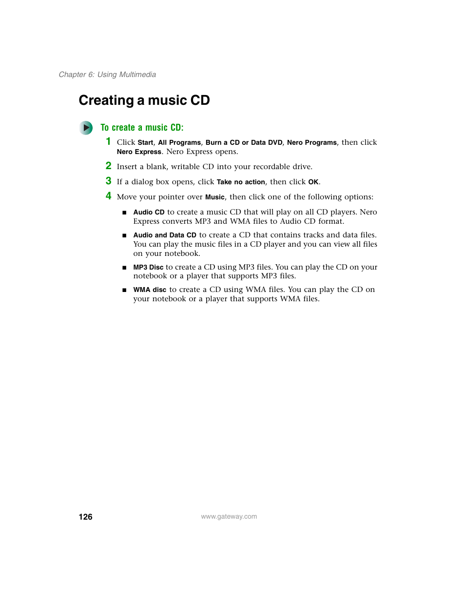 Creating a music cd | Gateway M350 User Manual | Page 136 / 334