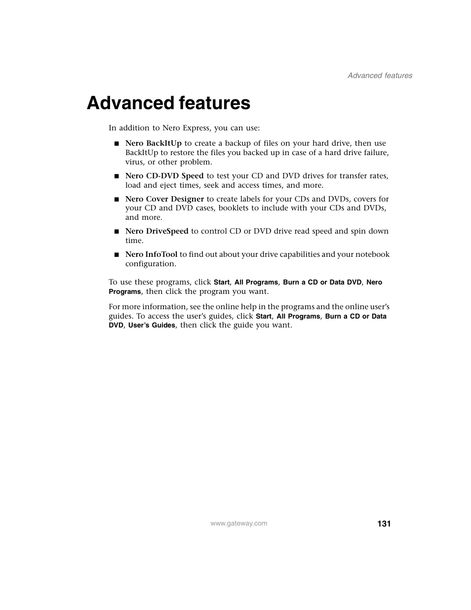 Advanced features | Gateway M350 User Manual | Page 141 / 334