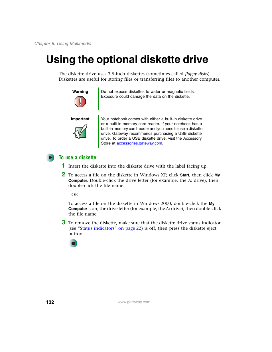 Using the optional diskette drive, Using the | Gateway M350 User Manual | Page 142 / 334