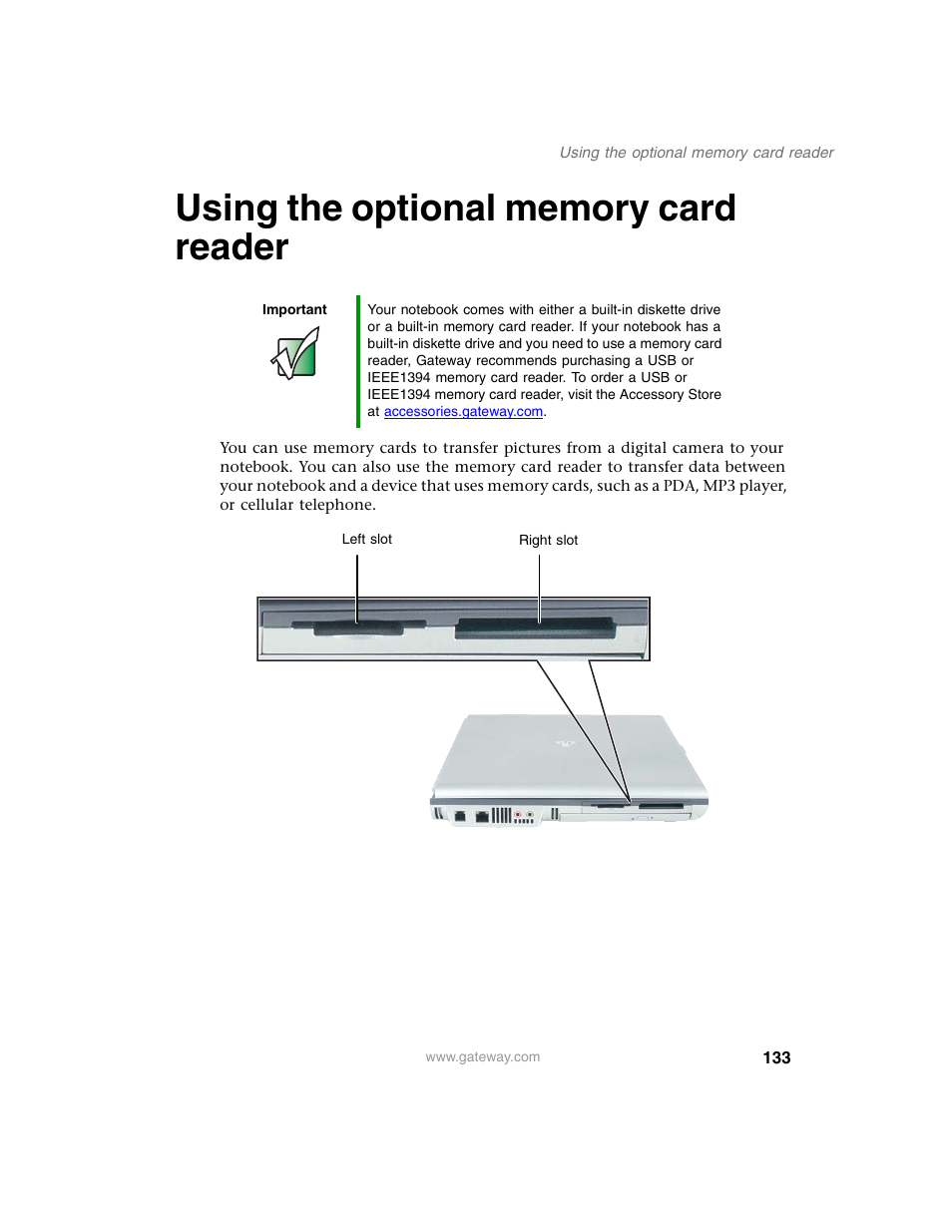 Using the optional memory card reader, Using the optional | Gateway M350 User Manual | Page 143 / 334
