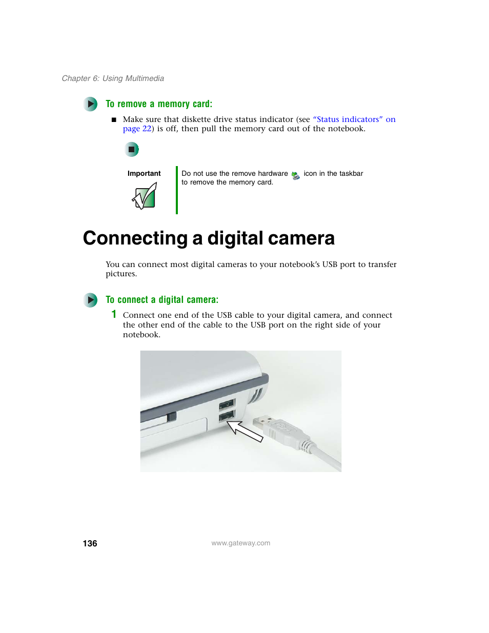 Connecting a digital camera | Gateway M350 User Manual | Page 146 / 334