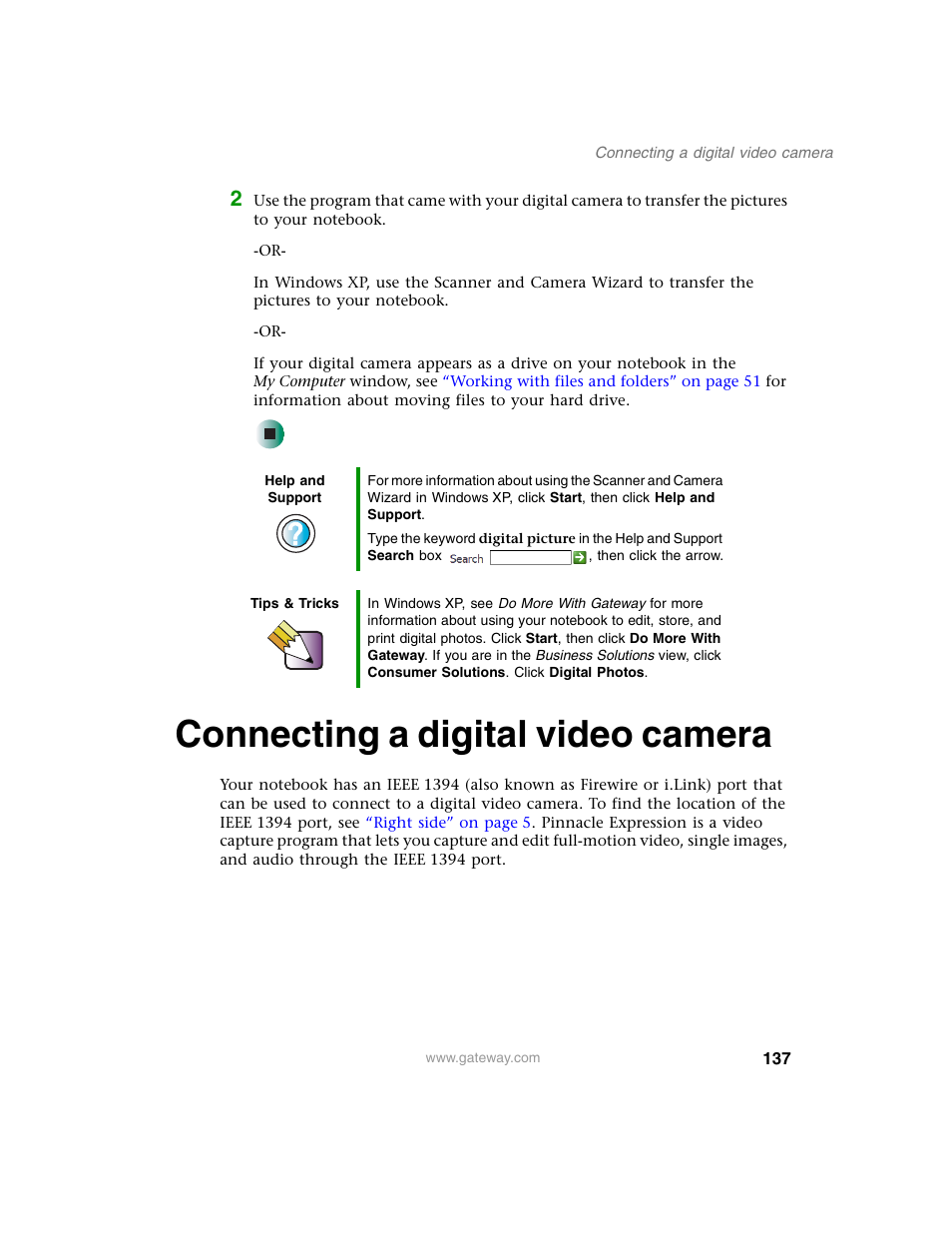 Connecting a digital video camera, Connecting | Gateway M350 User Manual | Page 147 / 334