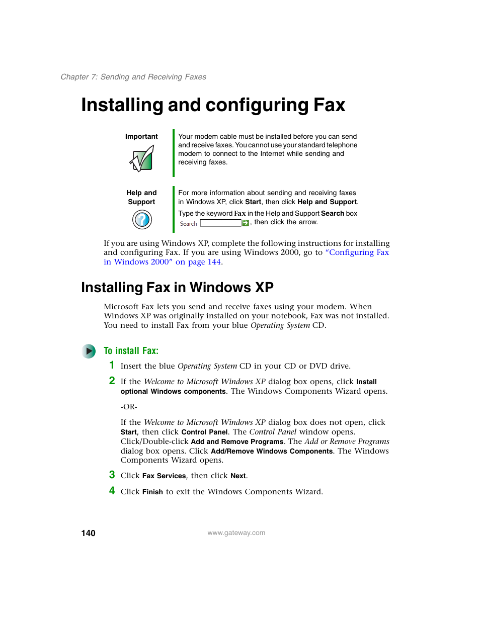 Installing and configuring fax, Installing fax in windowsxp, Installing fax in windows xp | Gateway M350 User Manual | Page 150 / 334