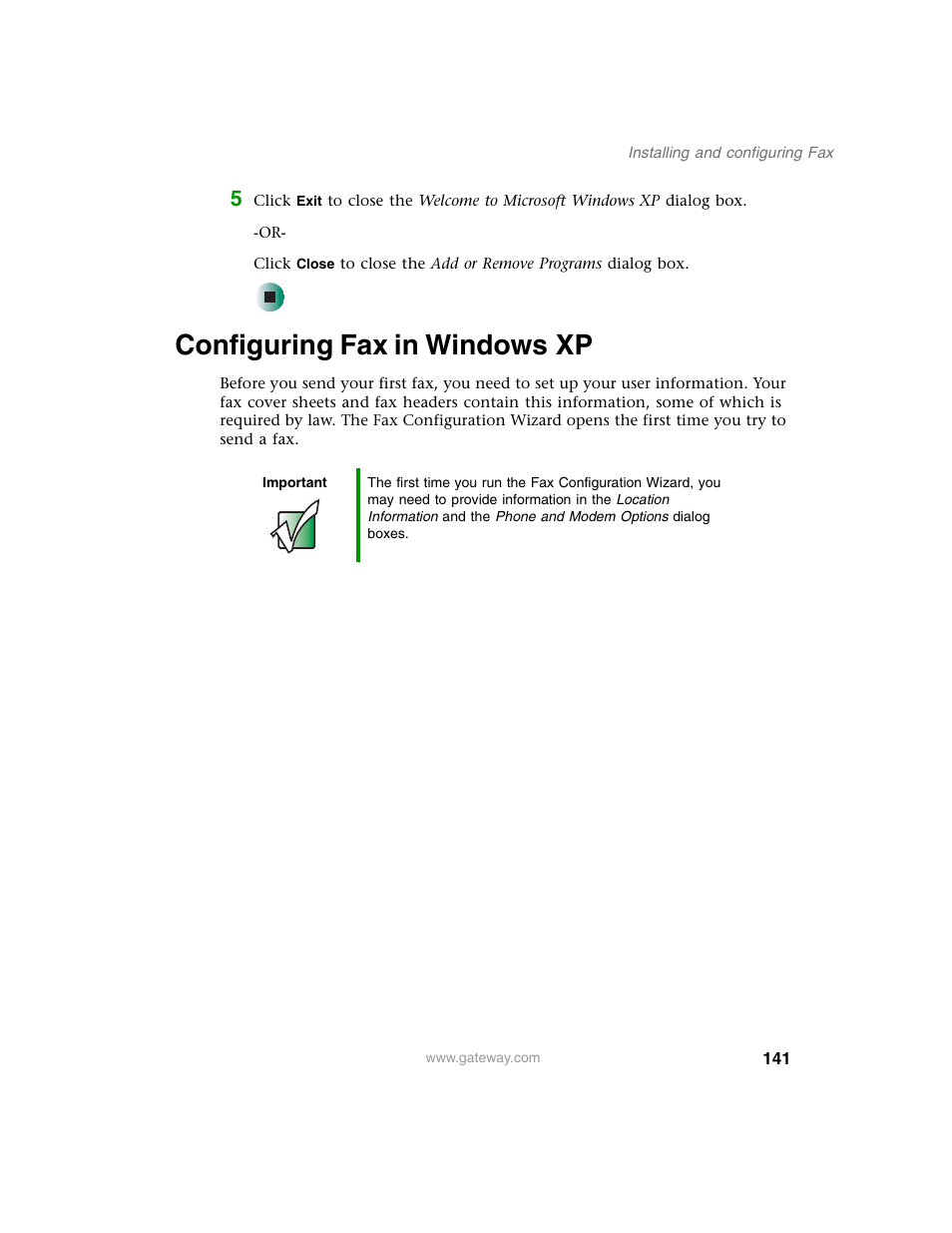 Configuring fax in windowsxp, Configuring fax in windows xp | Gateway M350 User Manual | Page 151 / 334